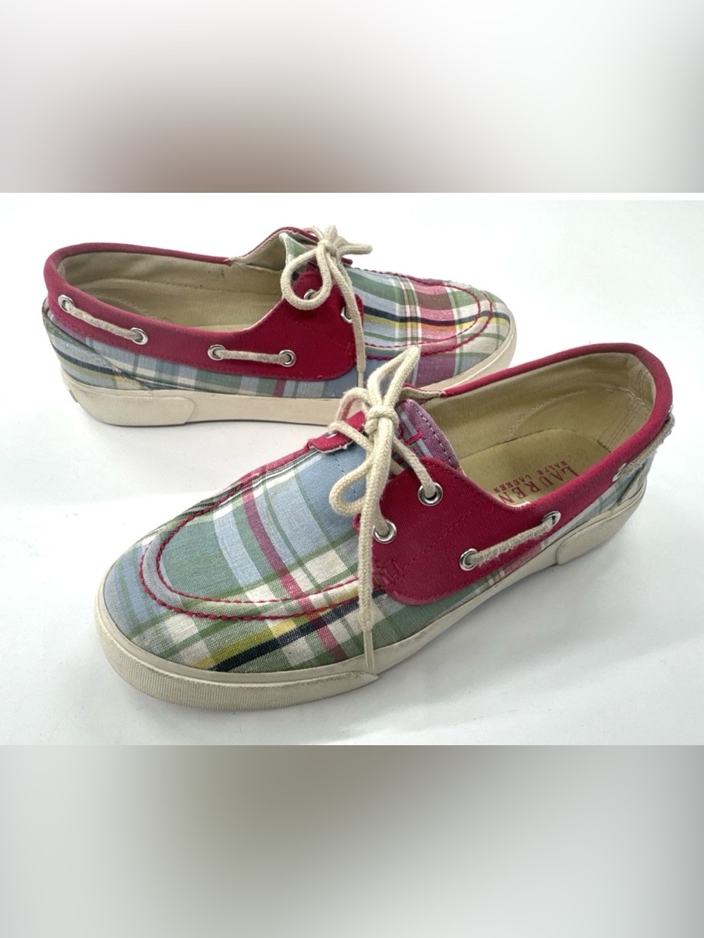 Ralph Lauren Boat Shoes Women's Size 8 Madras Plaid Breeana Sneakers Pink Preppy